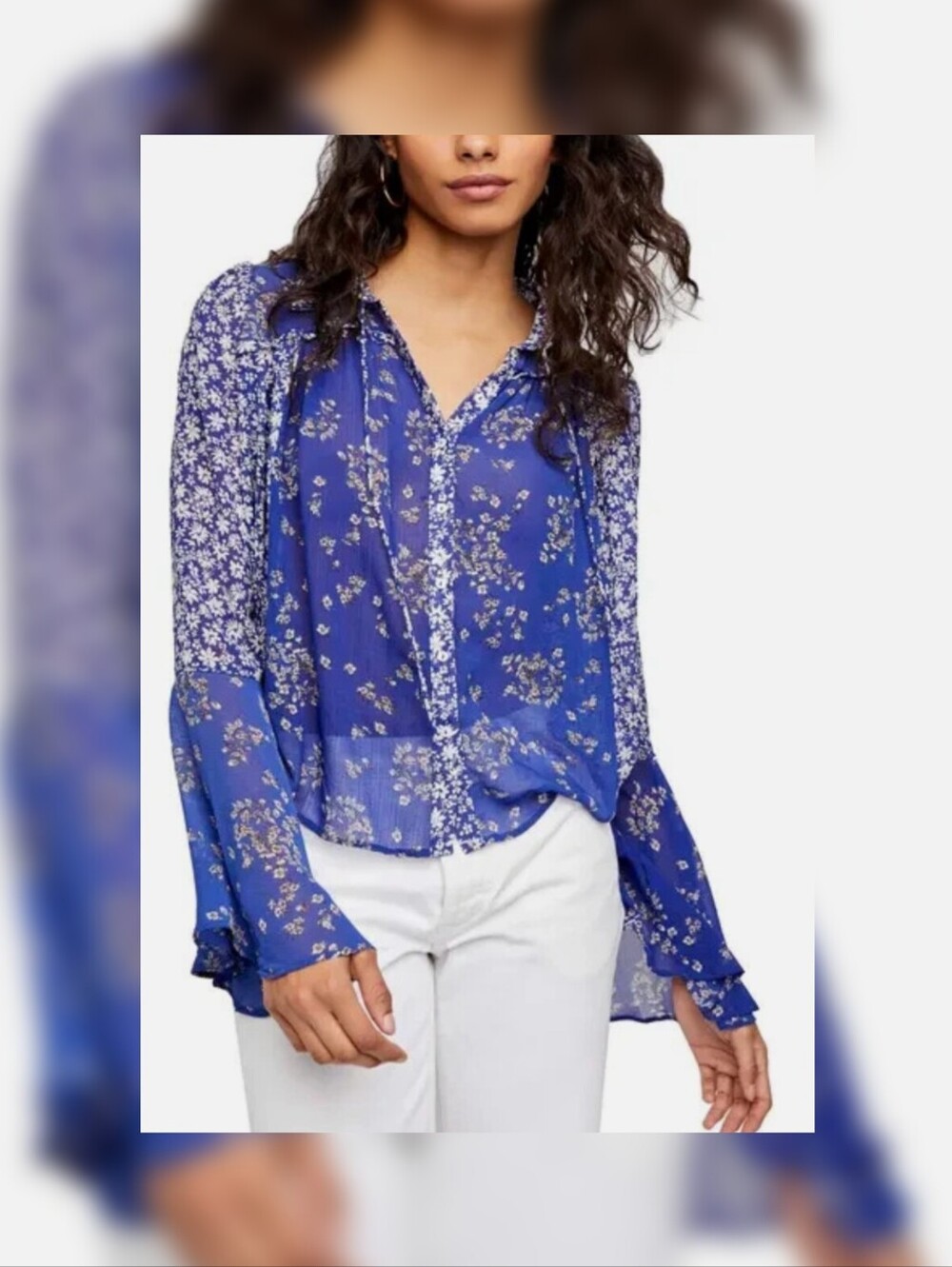Free People "Serena" Printed Blouse in Blue Combo L